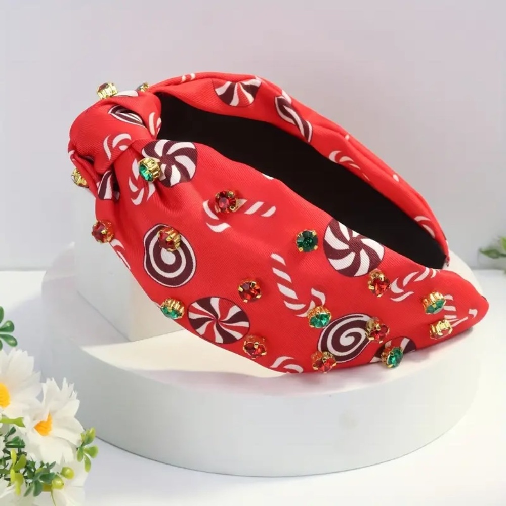 New Christmas Red Candy Cane & Crystals Center Knot Headband